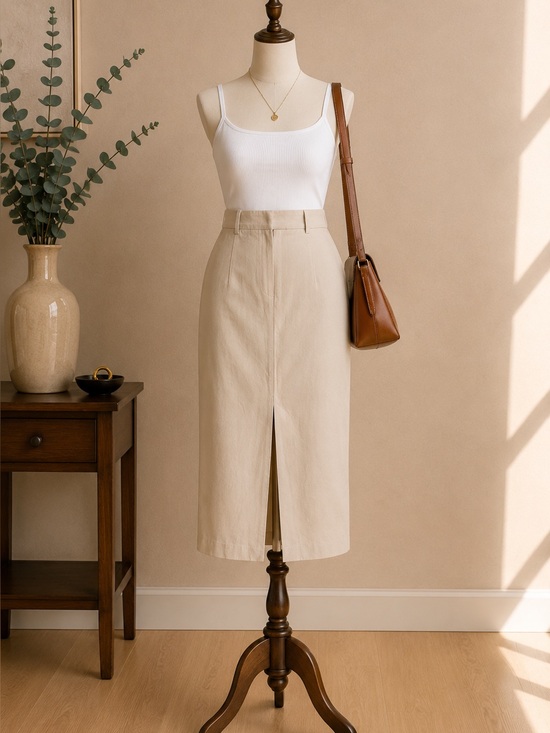RW&CO Dresses & Skirts - RW&CO Beige Linen Blend Midi Pencil Skirt Front Slit Lined Women's Size 6